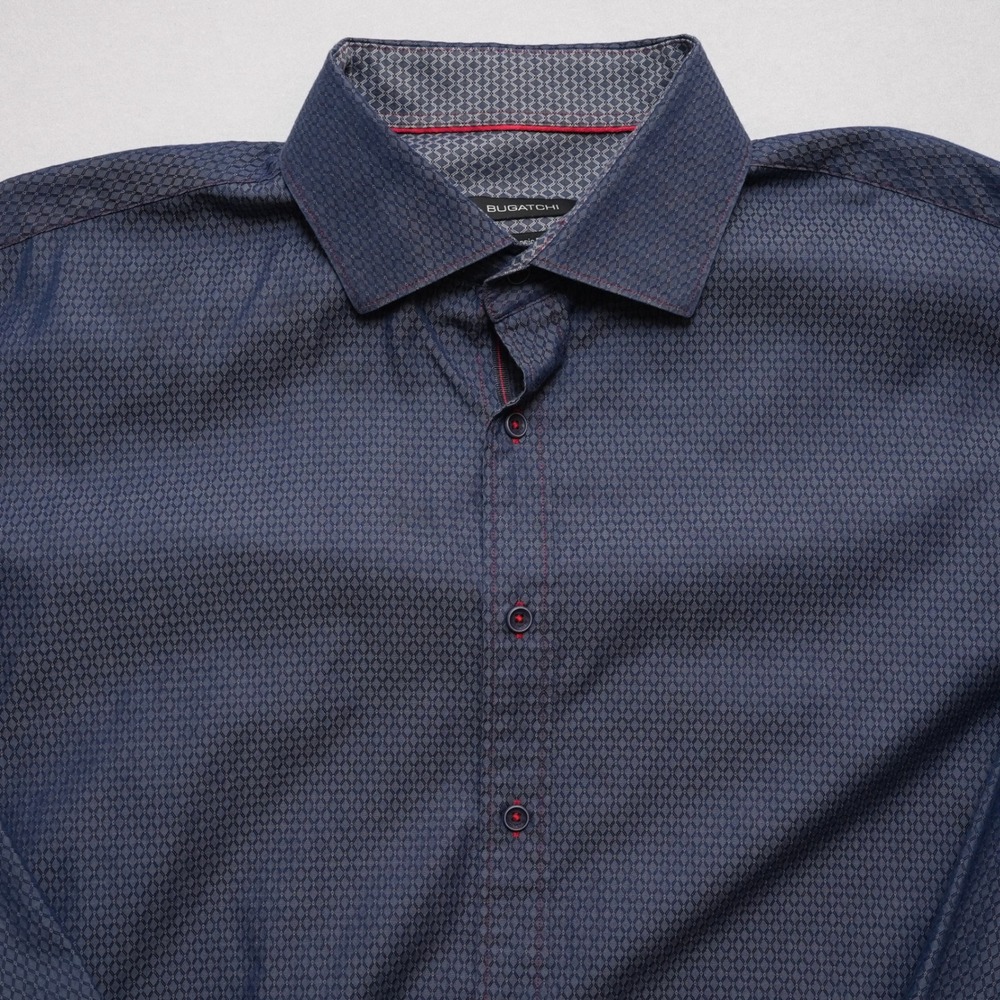 Bugatchi Button Up Mens XL Blue Geometric Long Sleeve Classic Fit Shirt - Picture 3 of 16